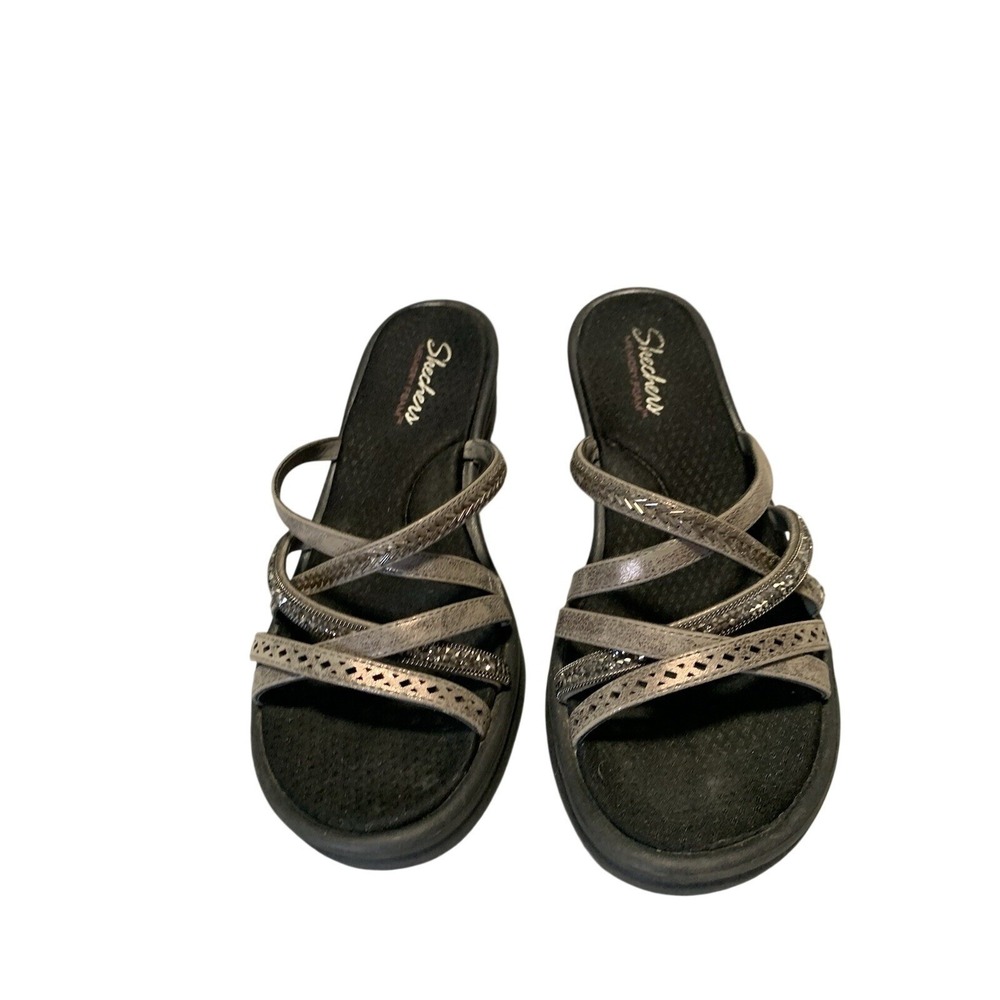Skechers Memory Foam Wedge Sandals Pewter Rhinestone Strappy Slide Womens 10